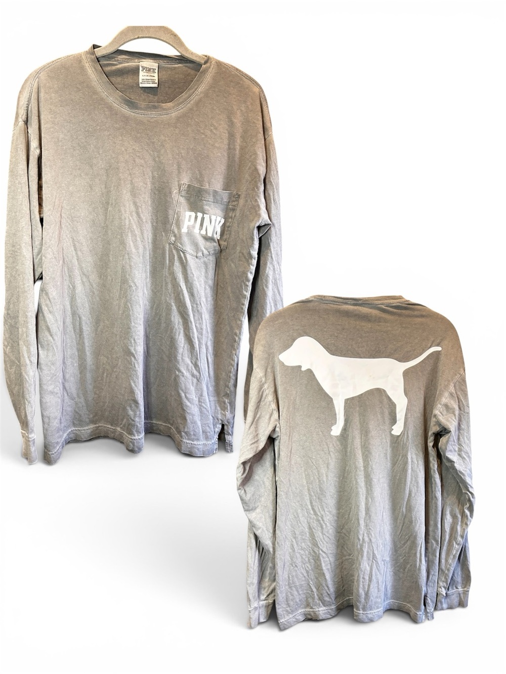 🌸PINK Victoria's Secret Long Sleeve Dog Graphic Tee - Grey small